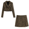 Women Vintage Elegant Tweed Houndstooth Plaid Skirts Suits Cropped Texture Blazer Mini Skirts Ladies Outwear 2 Piece Set