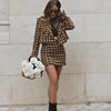 Women Vintage Elegant Tweed Houndstooth Plaid Skirts Suits Cropped Texture Blazer Mini Skirts Ladies Outwear 2 Piece Set