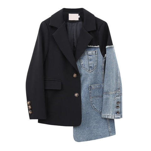 Women Vintage Blazer Denim Patchwork Jackets 2022 Autumn Winter Irregular Coat Women Long Sleeve Loose Korean Outerwear