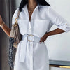 Women Vintage Front Pockets Sashes A-line Dress Three Quarter Sleeve Turn Down Collar Solid Elegant Dress 2023 Autumn Dress
