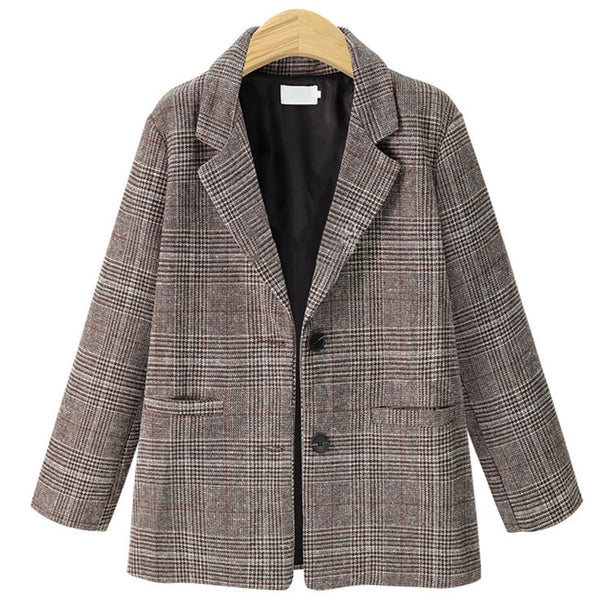 Women Vintage Plaid Blazers and Jackets Tweed Coat Work Office Ladies Pocket Suit Blazer Long Sleeve Loose Houndstooth Suit