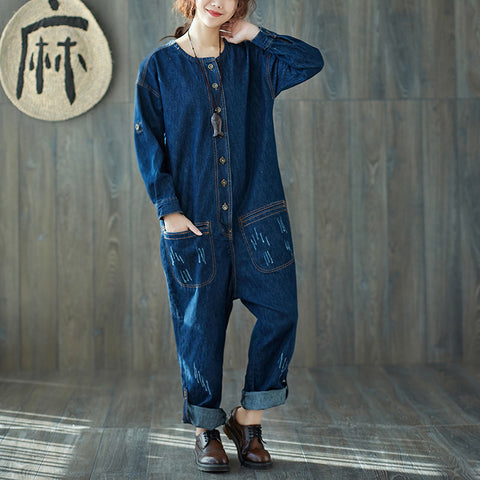 Women Vintage Ripped Loose Denim Jumpsuits Rompers Ladies Denim Overalls Female Blue retro Casual Denim Pants