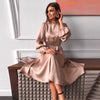 Women Vintage Sashes Satin A-line Dress Lantern Sleeve O neck Solid Elegant Casual Party Dress 2022 Summer   Dress