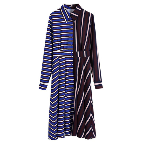 Women Vintage Striped Patchwork Print Casual Slim Midi Shirt Dress Female Chic Long Sleeve Vestidos Party Dresses