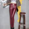 Women Washed Polish Glossy PU Leather Pants Stretchy Not Crack Skin Slim Thin Skinny Leather Leggings Burgundy Black Solid Color