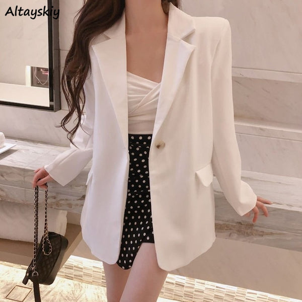 Women White Blazer Long Sleeve Single Button Outwear Oversized Elegant Notch Suit Femme Office Wear Simplicity Blazers Ulzzang