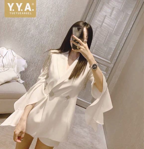 Women White Blazers Design Crystal Tassel Ruffle Sleeve Suit Jacket Thin Section Elegant Ladies Double Breasted Blazer