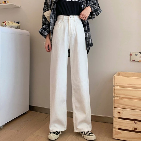 Women White Casual Jeans  2022 Autumn Korean Style All-match Loose High Waist Female Wide Leg Denim Pants T012
