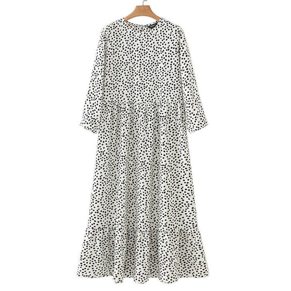 Women White Dots Print Maxi Dress 2023 Pleated Three Quarter Sleeve Female Casual Straight Dresses Chic Ankle Length Vestidos