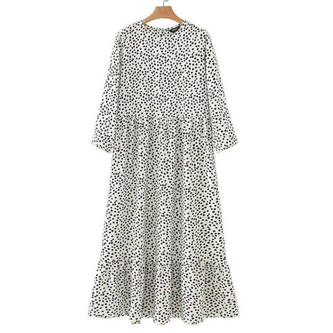 Women White Dots Print Maxi Dress 2023 Pleated Three Quarter Sleeve Female Casual Straight Dresses Chic Ankle Length Vestidos