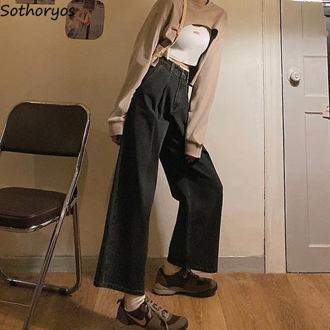 Women Wide Leg Jeans Lace Baggy Sagging Harajuku Vintage Female Slim Korean Style Ulzzang All-match Denim Streetwear Oversize