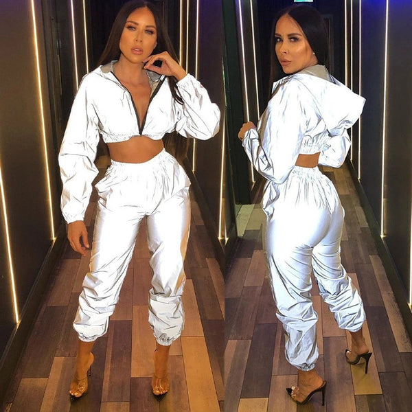 Women Windbreaker Set Reflective Two Piece Set Casual Hip Hop Jackets Night Light Clothes Long Pant Women Joggers Suit Sets