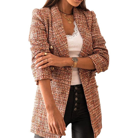 Women Winter Coat Double Breasted Plaid Printed Tweed Suit Coat Office Lady Blazer Atutumn Casual Slim Coat Jacket