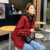 Women Winter Jacket Red Temperament Woven Tweed Vintage Button V-Neck Long-Sleeved Design Suit Coat