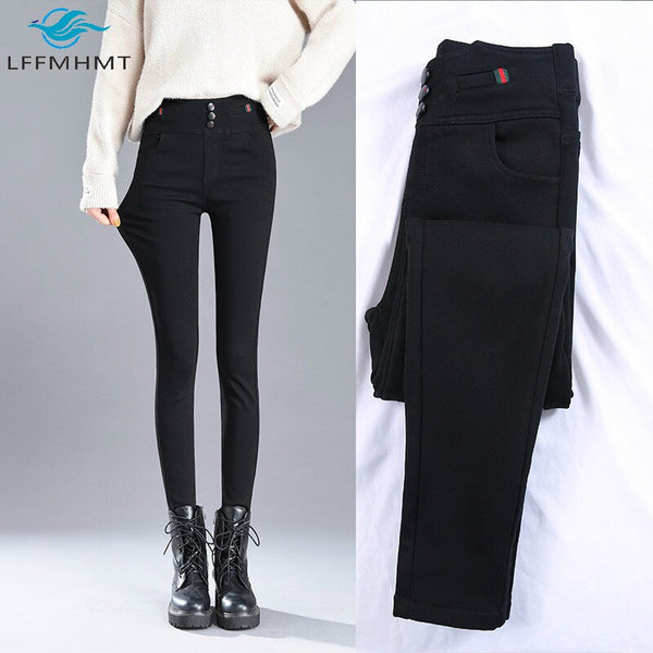 Women Winter Trendy High Waist Black Jeans Office Lady Fleece Warm Thick Pencil Denim Pant Female Skinny Slim Casual Trouser