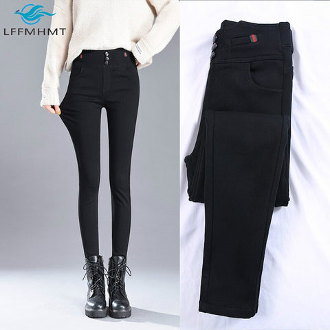 Women Winter Trendy High Waist Black Jeans Office Lady Fleece Warm Thick Pencil Denim Pant Female Skinny Slim Casual Trouser