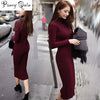 Women Winter Sweater Knitted long red Dresses Slim Elastic Turtleneck Long Sleeve Sexy Lady Bodycon Robe Dresses