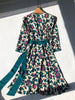 Women Wisteria Vine Print Short Dress 2023 Spring Three Quarter Sleeve One-piece Wrapped V-neck 100% Viscose Robe with Sashes