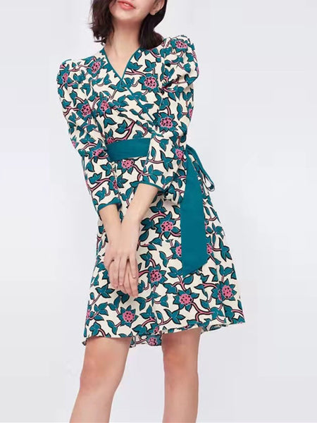Women Wisteria Vine Print Short Dress 2023 Spring Three Quarter Sleeve One-piece Wrapped V-neck 100% Viscose Robe with Sashes