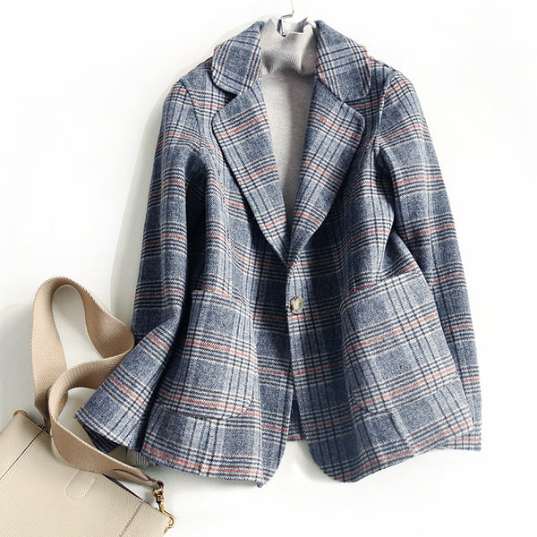 Women Wool Blazer 80%Wool 20%Poly Plaid Office Lady Blazer Single Button Two Pocket Jacket Spring Autumn Wool Coat Female K276