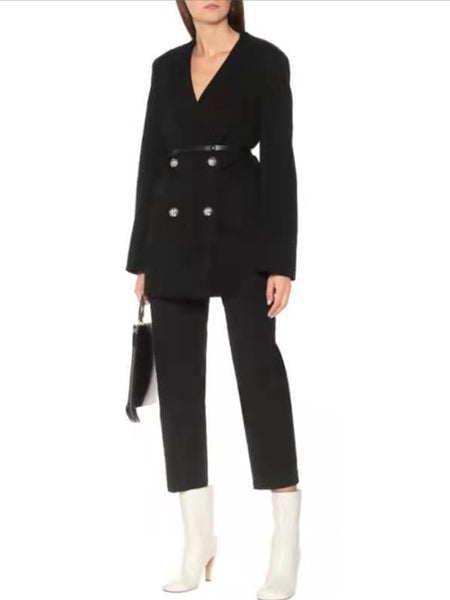 Women Wool V-Neck Blazer Coat 2023 Ladies Long Sleeve Slim Waist With Leather Belt Jacket Female Double-Breasetd Outwear Top