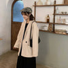 Women Woolen Blazers Autumn Loose Double Breasted Notched Blazer Student Retro Long Sleeve Pockets Office Lady Black Suit Mujer