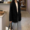 Women Woolen Blazers Autumn Loose Double Breasted Notched Blazer Student Retro Long Sleeve Pockets Office Lady Black Suit Mujer