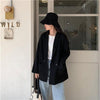 Women Woolen Blazers Autumn Loose Double Breasted Notched Blazer Student Retro Long Sleeve Pockets Office Lady Black Suit Mujer