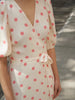Women Wrap V-Neck Mini Dress 100% Linen Dot Print Lady Short Sleeve Slim Waist Holiday Short Dresses