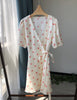Women Wrap V-Neck Mini Dress 100% Linen Dot Print Lady Short Sleeve Slim Waist Holiday Short Dresses