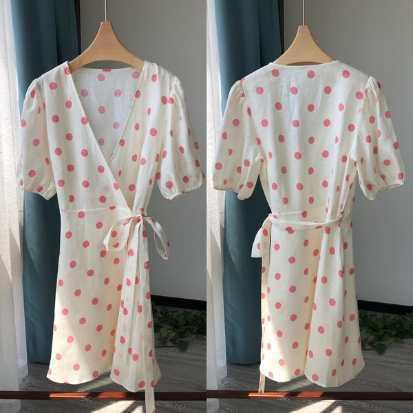 Women Wrap V-Neck Mini Dress 100% Linen Dot Print Lady Short Sleeve Slim Waist Holiday Short Dresses