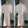 Women Wrap V-Neck Mini Dress 100% Linen Dot Print Lady Short Sleeve Slim Waist Holiday Short Dresses