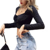Women Wrapped Cropped Top Casual Female Long Sleeve Sexy Square Neck Blouses Slim Fit Shirts Streetwear