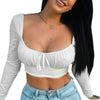 Women Wrapped Cropped Top Casual Female Long Sleeve Sexy Square Neck Blouses Slim Fit Shirts Streetwear