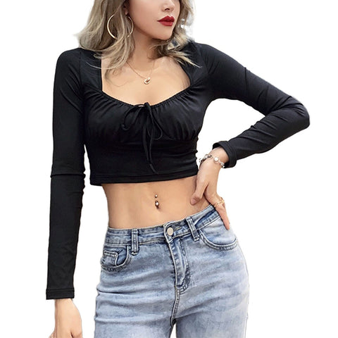 Women Wrapped Cropped Top Casual Female Long Sleeve Sexy Square Neck Blouses Slim Fit Shirts Streetwear