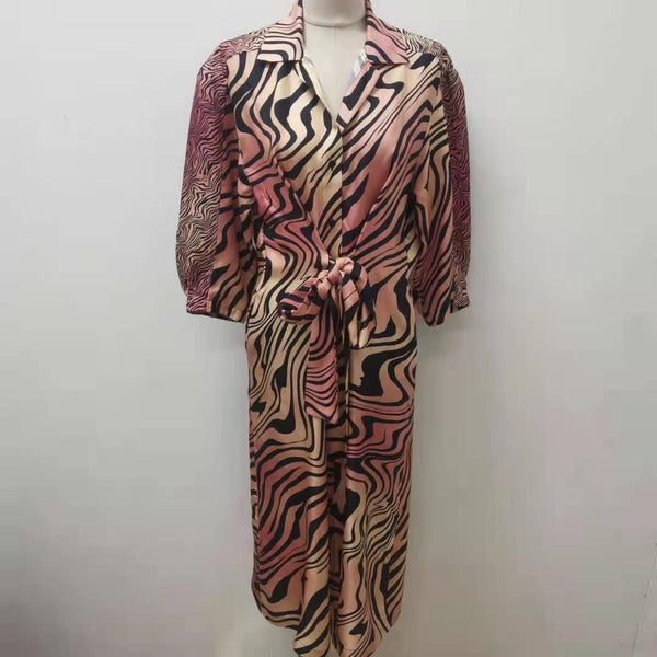 Women Zebra Print Lace Up Dress Turn Down Collar Single Breasted Midi Dress