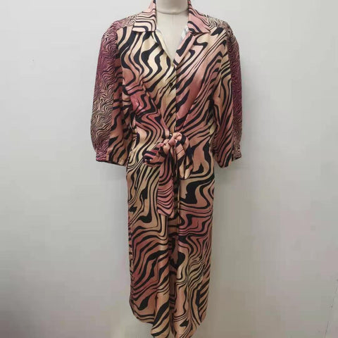 Women Zebra Print Lace Up Dress Turn Down Collar Single Breasted Midi Dress