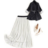 Women black satin blazer suit belted outerwear spring 2022 office elastic waist pleated long skirts elegant two piece outfits