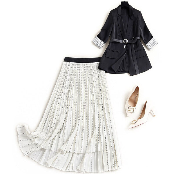 Women black satin blazer suit belted outerwear spring 2022 office elastic waist pleated long skirts elegant two piece outfits