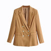 Women chic khaki blazer pockets double breasted long sleeve office wear coat solid female casual outerwear tops