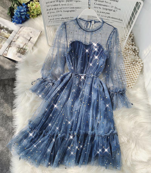 Women dress Stars Sequined Mesh Shiny Fairy Dress Women Elegant Bling Gauze Princess Puff Dresses Actual Photo Of Long Dress