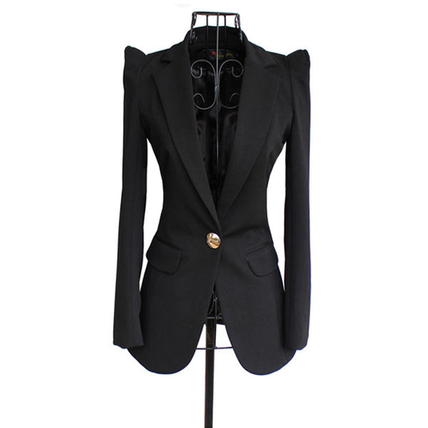 Women elegant office lady black one button blazer shrug shoulder slim twill blazers autumn spring