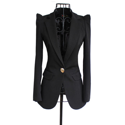 Women elegant office lady black one button blazer shrug shoulder slim twill blazers autumn spring