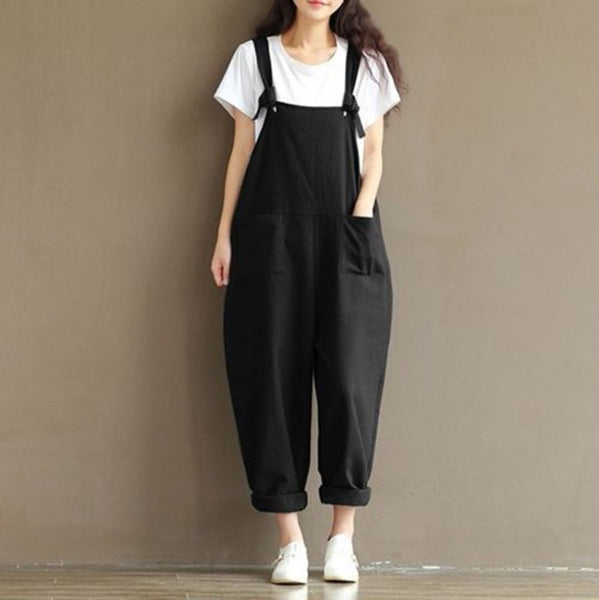 Women fashion Casual Loose bib Pants Cotton Jumpsuit pockets sleeveless backless Strap Harem Trousers solid Overalls