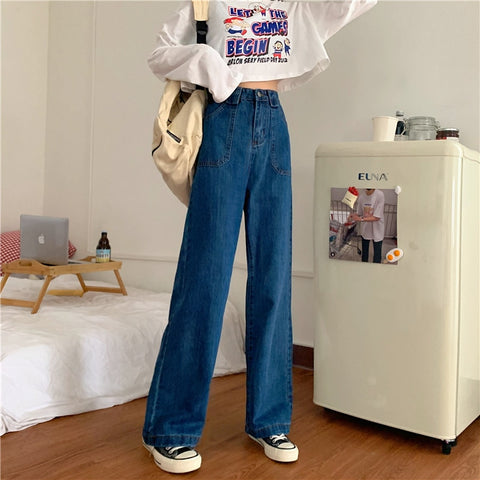 Women jeans Autumn Korean version  traf Pants solid color pockets Large size high waist loose jeans casual straight Women pants