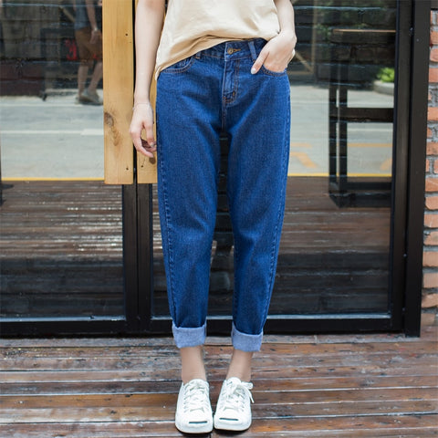 Women jeans Trendy Casual Vintage Boyfriend High Waist Harem Pants Dark Waist Blue Loose Female Denim Baggy Jeans Plus Size