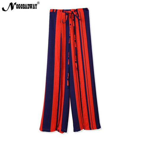 Women loose chiffon pants summer long wide leg pants bohemian split trousers high waist striped fashion casual sexy bottoms new