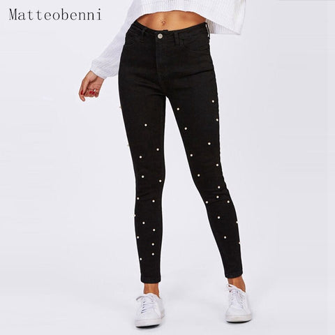 Women pearl Slim Skinny High Waist Jeans Blue Denim Pencil Pants Stretch Black Pants Calca Feminina boyfriend jeans for women