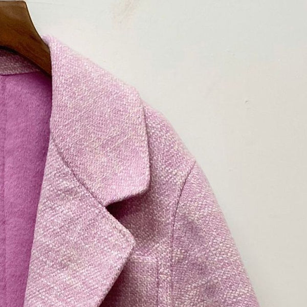 Women pink suit set single button long sleeve blazer + a-line short skirt