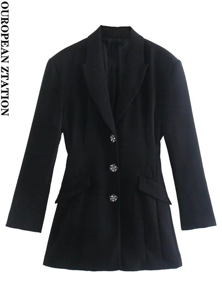 Women rhinestone buttons long blazer 2023 Spring long sleeve slim blazers female Elegant blazer jacket